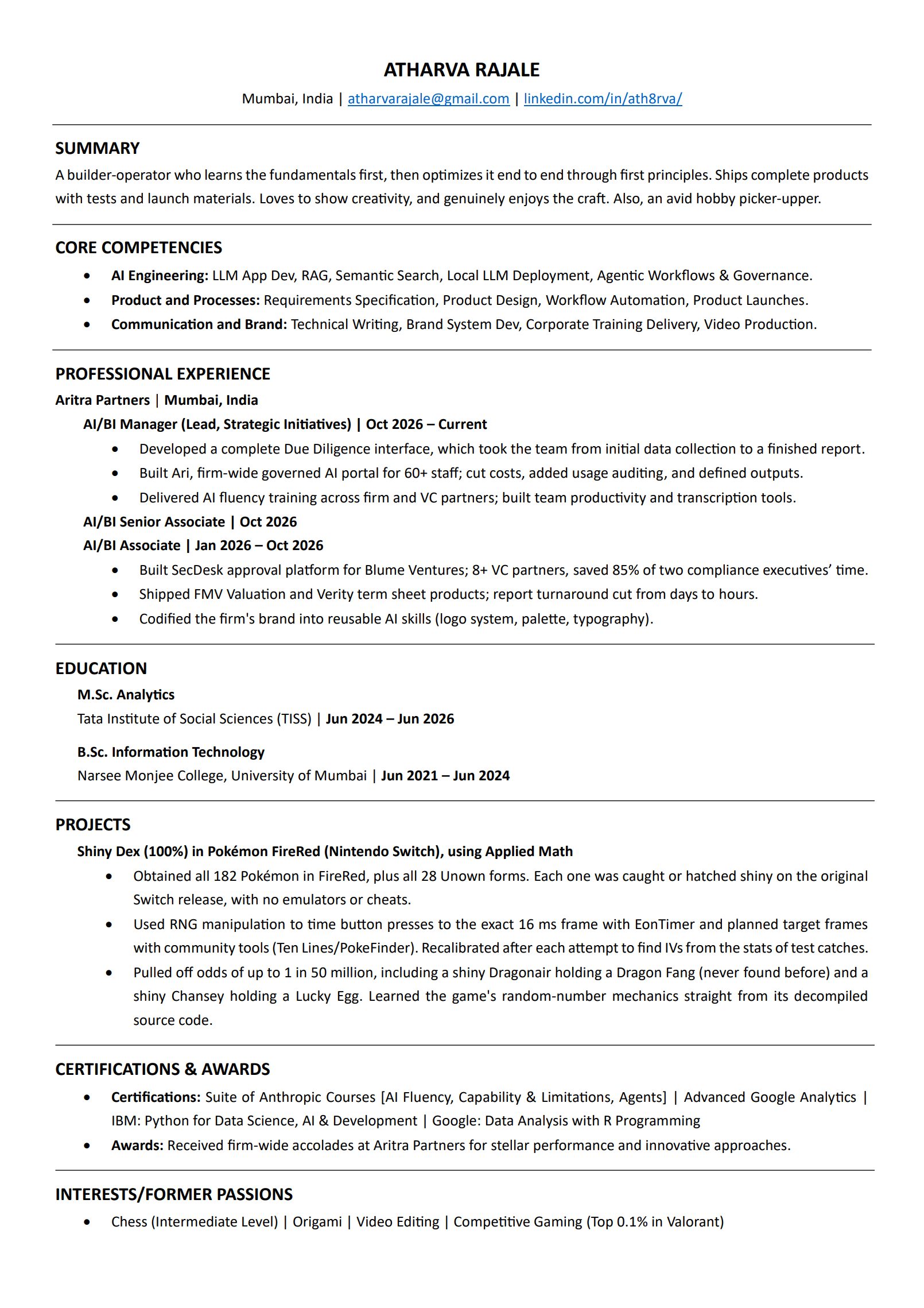 Resume of Atharva Rajale